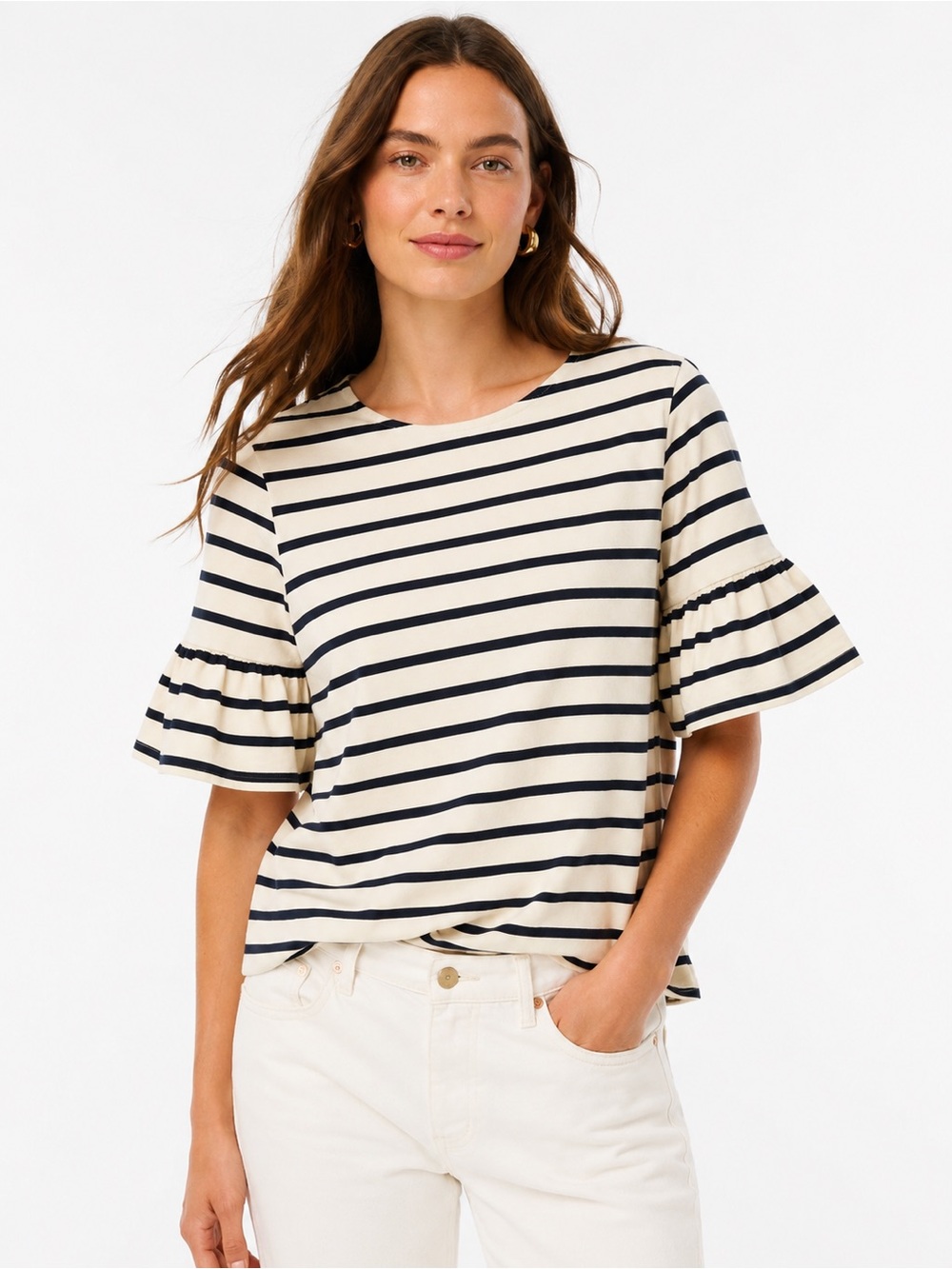 J.Crew Navy Cream Stripe Ruffle Sleeve Top Size Small